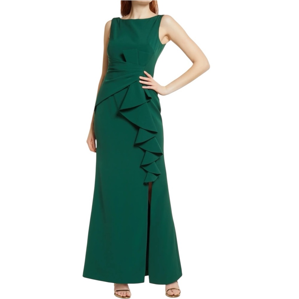 Eliza J / Satin Ruffle Front / Hunter Green / Formal Gown / SZ 12